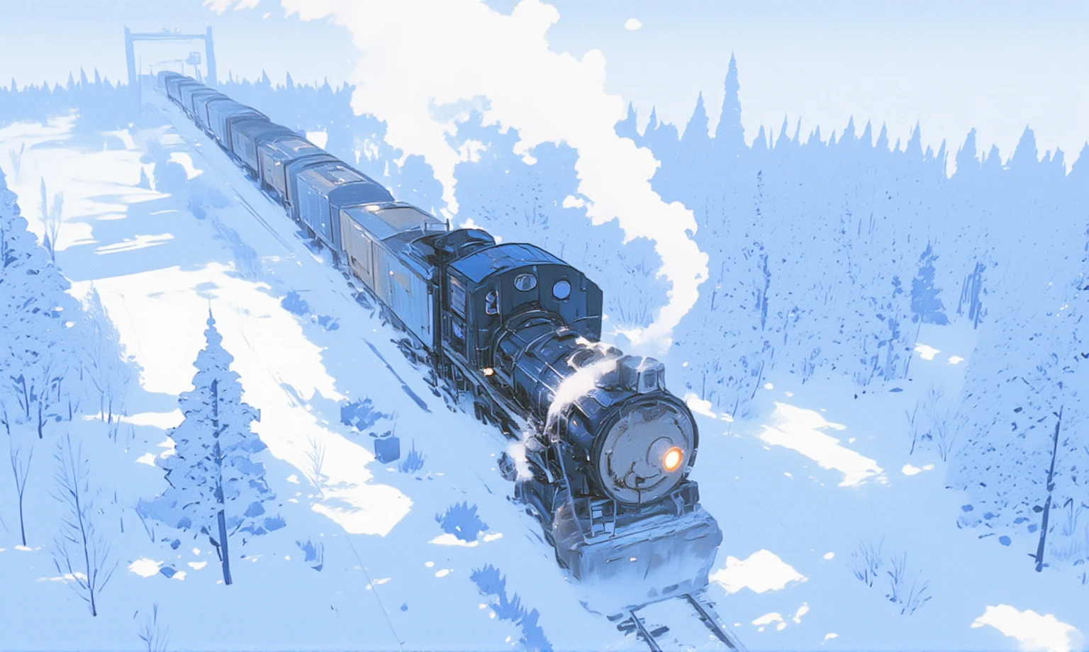 Bird's eye view. locomotive running from the upper right to the lower left in a silver world, all covered with snow. snow ruts only behind the locomotive. huge snow splash in front of locomotive. realistic. photorealistic.Snow shines reflecting the light. great focus on snow ruts.