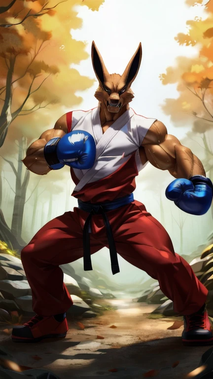  ultra quality:1.4, 4K,  High resolution ,  best quality, Cor,  soft comic style , motorcycle_ arashi style , wfa style , Alone, kurama:1.0, Muscles:1, Heavyweight,  massive construction ,  vascular veins ,  anime martial arts , Sweat:1.2, strong:1, Masculine, (in a forest),  fight scene, dynamic scene, ( using boxing gloves , detailed boxing gloves:1.1), detailed, detailed face, detailed eyes