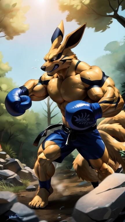  ultra quality:1.4, 4K,  High resolution ,  best quality, Cor,  soft comic style , motorcycle_ arashi style , wfa style , Alone, kurama:1.0, Muscles:1, Heavyweight,  massive construction ,  vascular veins ,  anime martial arts , Sweat:1.2, strong:1, Masculine, (in a forest),  fight scene, dynamic scene, ( using boxing gloves , detailed boxing gloves:1.1), detailed, detailed face, detailed eyes