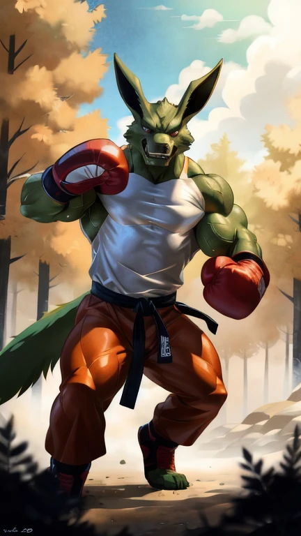  ultra quality:1.4, 4K,  High resolution ,  best quality, Cor,  soft comic style , motorcycle_ arashi style , wfa style , Alone, kurama:1.0, Muscles:1, Heavyweight,  massive construction ,  vascular veins ,  anime martial arts , Sweat:1.2, strong:1, Masculine, (in a forest),  fight scene, dynamic scene, ( using boxing gloves , detailed boxing gloves:1.1), detailed, detailed face, detailed eyes