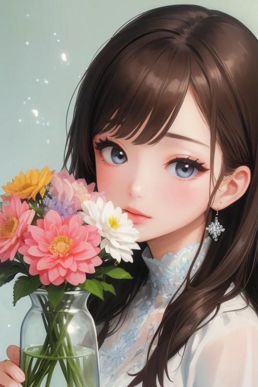 ( top quality，32K High Resolution，  masterpiece on penis :1.2),  very detailed，1 person， young girl，Close-up of a woman arranging flowers in a vase, With flowers, magazine photo , Written by Kojima Ayumi,  official artwork, Shin Jin-young, Frozen Flower々Surrounded by， attention to detail，美しい attention to detail， beautiful lip details ， has long eyelashes， bright color，Soft and warm colors，