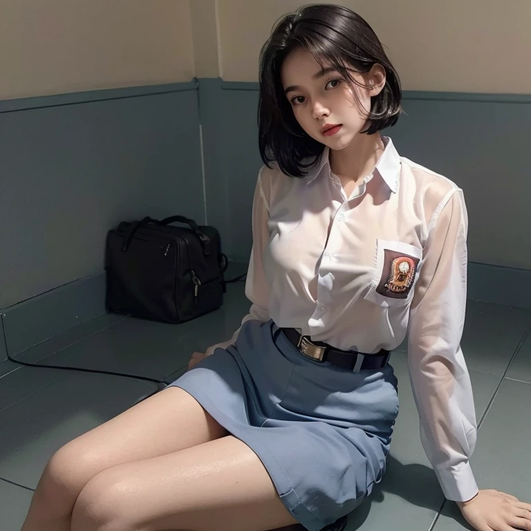 realistic, soft lighting, beautiful  old girl, short black hair. pale skin. very mysterious. White school shirt with one chest pocket, very thin material ((The shirt is very transparent) ((the color of the nipples is visible from the outside)), long sleeves. white straight knee-length skirt, black school belt, no trousers, long thighs and legs, long white socks, black loafers school shoes.
sitting leaning on a bench in the classroom hallway, opening her thighs to show her vagina, exhausted, orgasm, climax orgasm, miserable, sweat pouring down her face, all over her body,