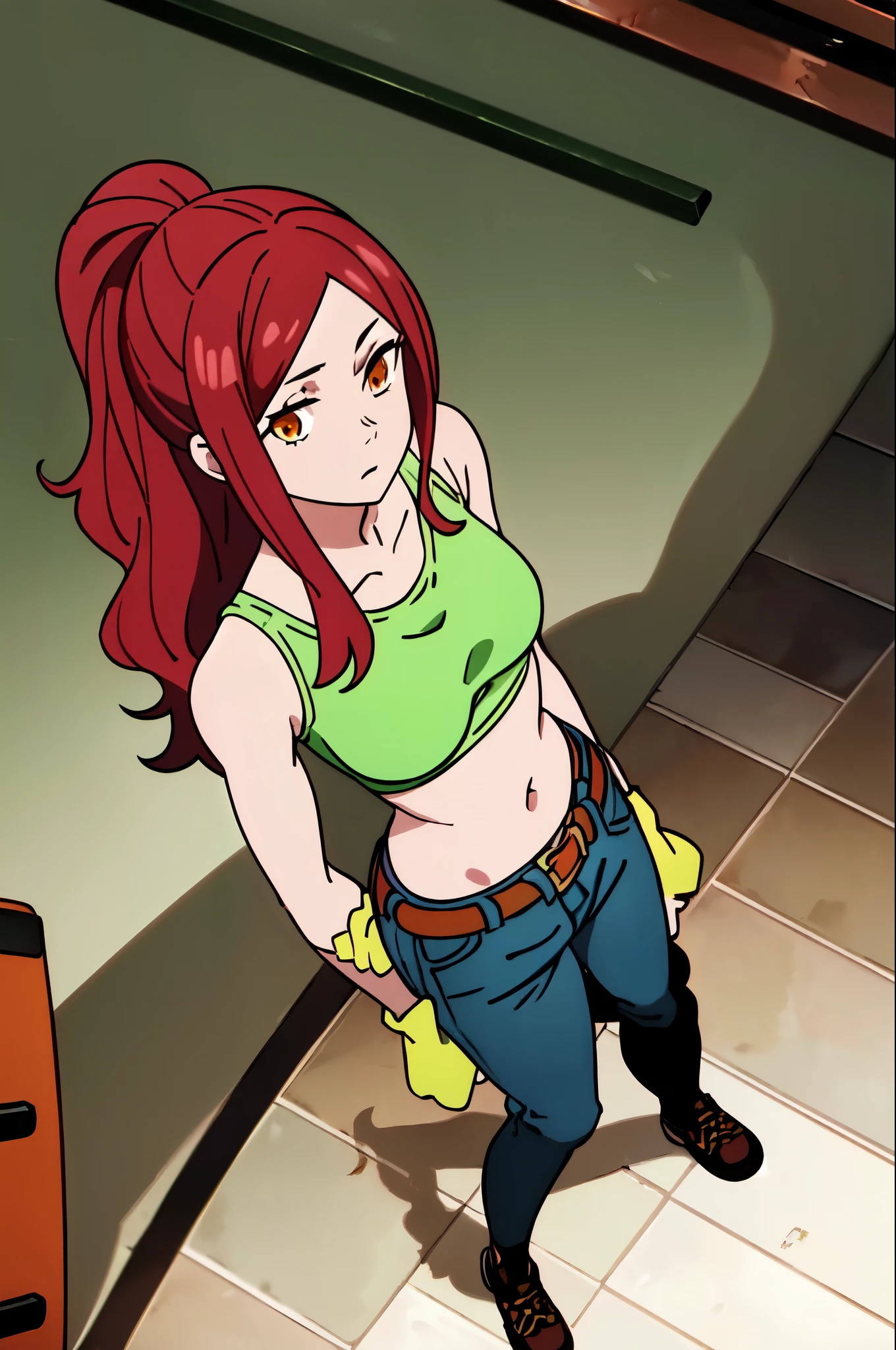 (extremely detailed CG unity 8k wallpaper),(masterpiece),(best quality),(ultra-detailed),(best illustration),(best shadow),(absurdres),  Lisa, 1girl, solo, red hair, denim, single pantsleg, pants, jeans, asymmetrical clothes, crop top, midriff, ponytail, belt, thigh strap, breasts, long hair, medium breasts, tank top, indoors, armband, standing, brown eyes, orange eyes, bare shoulders, green shirt, asymmetrical legwear