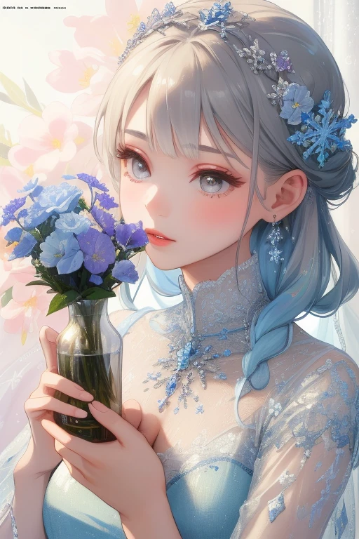 ( top quality，32K High Resolution，  masterpiece on penis :1.2),  very detailed，1 person， young girl，Close-up of a woman arranging flowers in a vase, With flowers, magazine photo ， official artwork，Frozen Flower々Surrounded by， attention to detail，美しい attention to detail， beautiful lip details ， has long eyelashes， bright color，Soft and warm colors，