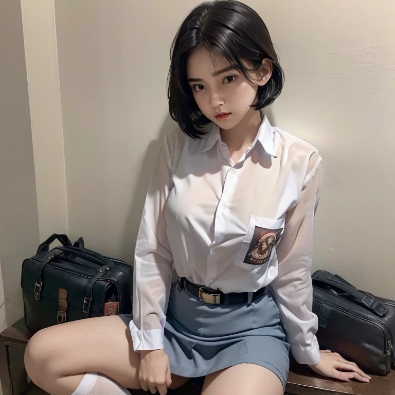 realistic, soft lighting, beautiful  old girl, short black hair. pale skin. very mysterious. White school shirt with one chest pocket, very thin material ((The shirt is very transparent) ((the color of the nipples is visible from the outside)), long sleeves. white straight knee-length skirt, black school belt, no trousers, long thighs and legs, long white socks, black loafers school shoes.
sitting leaning on a bench in the classroom hallway, opening her thighs to show her vagina, exhausted, orgasm, climax orgasm, miserable, sweat pouring down her face, all over her body,