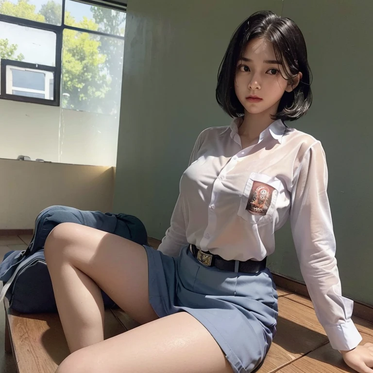 realistic, soft lighting, beautiful  old girl, short black hair. pale skin. very mysterious. White school shirt with one chest pocket, very thin material ((The shirt is very transparent) ((the color of the nipples is visible from the outside)), long sleeves. white straight knee-length skirt, black school belt, no trousers, long thighs and legs, long white socks, black loafers school shoes.
sitting leaning on a bench in the classroom hallway, opening her thighs to show her vagina, exhausted, orgasm, climax orgasm, miserable, sweat pouring down her face, all over her body,