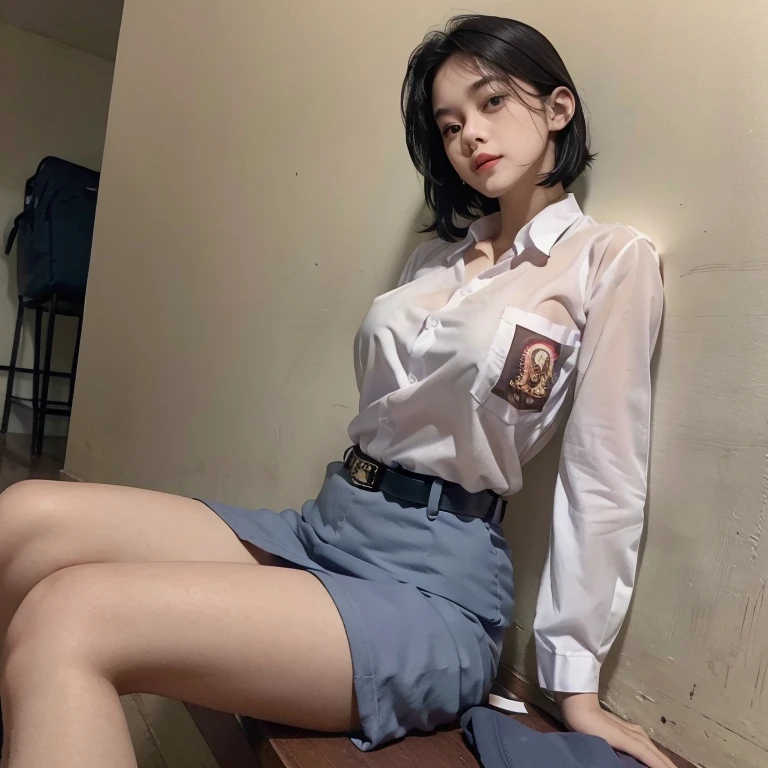 realistic, soft lighting, beautiful  old girl, short black hair. pale skin. very mysterious. White school shirt with one chest pocket, very thin material ((The shirt is very transparent) ((the color of the nipples is visible from the outside)), long sleeves. white straight knee-length skirt, black school belt, no trousers, long thighs and legs, long white socks, black loafers school shoes.
sitting leaning on a bench in the classroom hallway, opening her thighs to show her vagina, exhausted, orgasm, climax orgasm, miserable, sweat pouring down her face, all over her body,