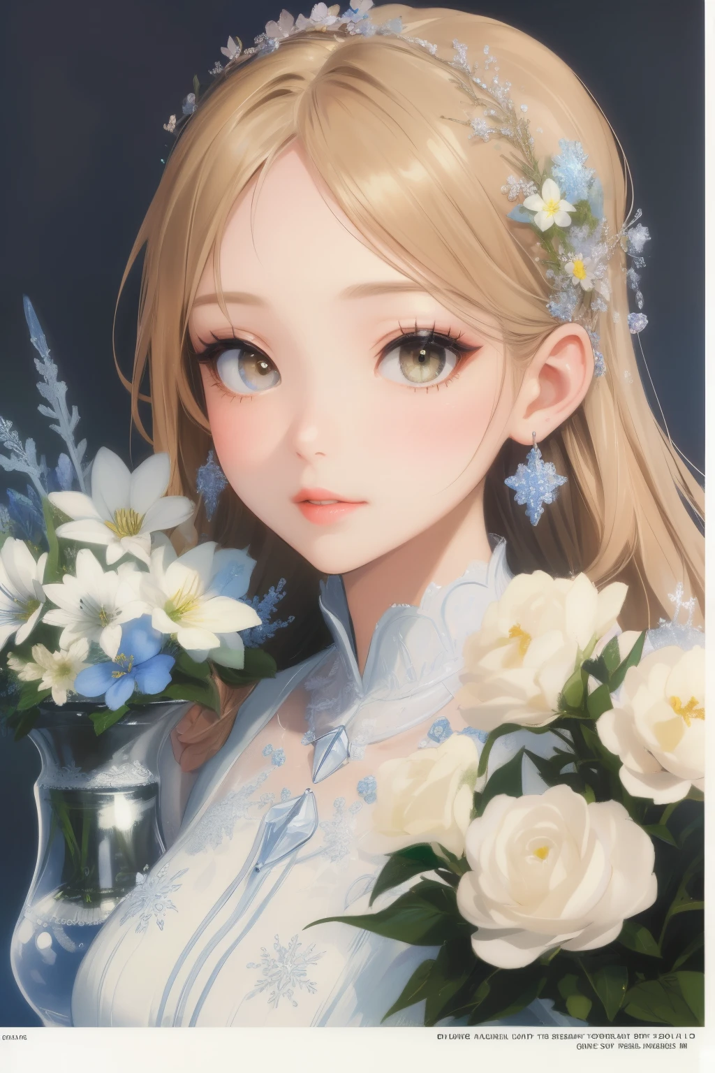 ( top quality，32K High Resolution，  masterpiece on penis :1.2),  very detailed，1 person， young girl，Close-up of a woman arranging flowers in a vase, With flowers, magazine photo ， official artwork，Frozen Flower々Surrounded by， attention to detail，美しい attention to detail， beautiful lip details ， has long eyelashes， bright color，Soft and warm colors，