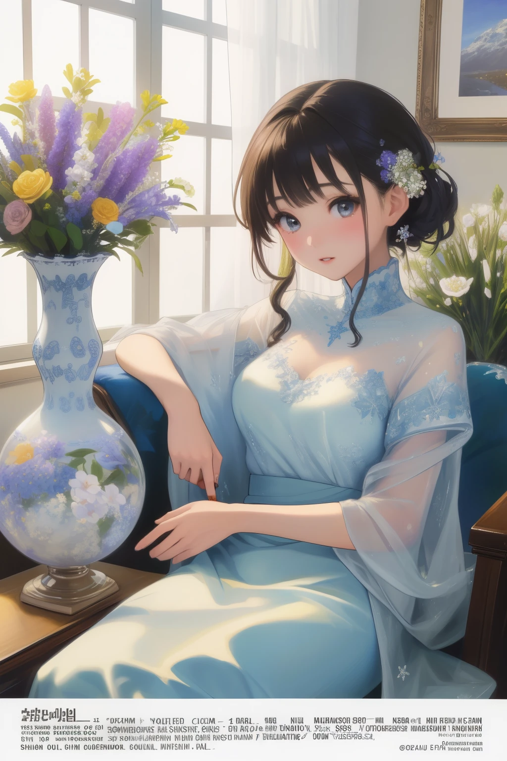 ( top quality，32K High Resolution，  masterpiece on penis :1.2),  very detailed，1 person， young girl，Close-up of a woman arranging flowers in a vase, With flowers, magazine photo , Written by Kojima Ayumi,  official artwork, Shin Jin-young, Frozen Flower々Surrounded by，Warm color ，