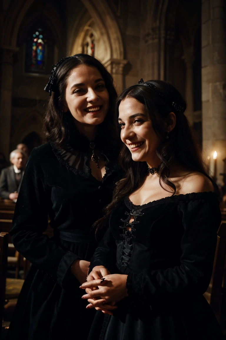 a woman with the bearing of a noble lady. in full growth. in velvet.a red dress, laughing maliciously, with black eyes, light and shadows in all works of art against the background of the Gothic interior of the church, Gothic