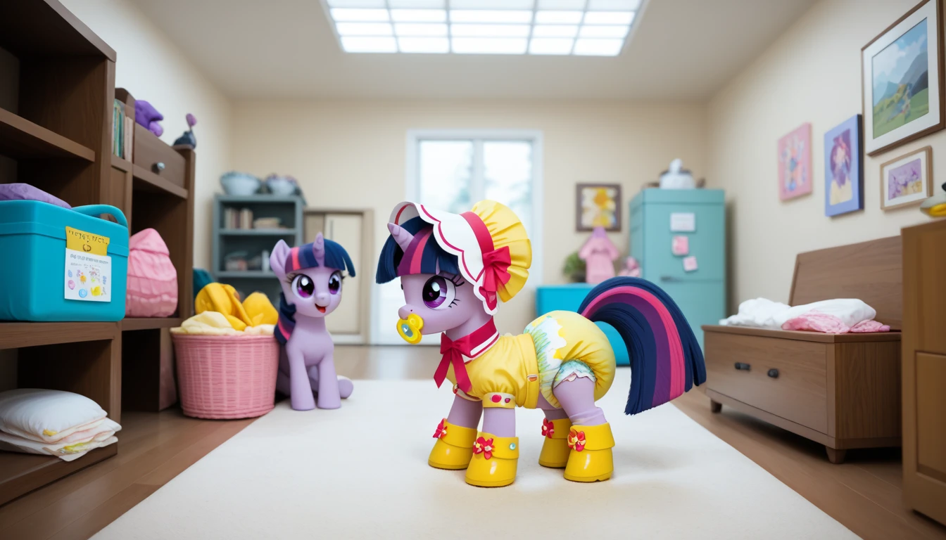 pony unicorn alone ,  Twilight Sparkle, filly , mane, gathered in a yellow bonnet,  dark blue tail with a purple strand and a pink strand,  purple eyes, sits in the room on a soft play mat, dressed in a yellow bodysuit and yellow booties, yellow pacifier in mouth, solo, thick diaper under clothes. 