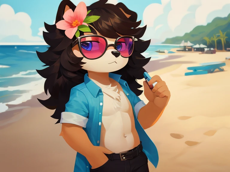 Furry boy, cute dog, thick hair, detailed body, open shirt, short pants, beach background, flower, hair, sunglasses, multi-colored eyes, modern art, best high quality, masterpiece 