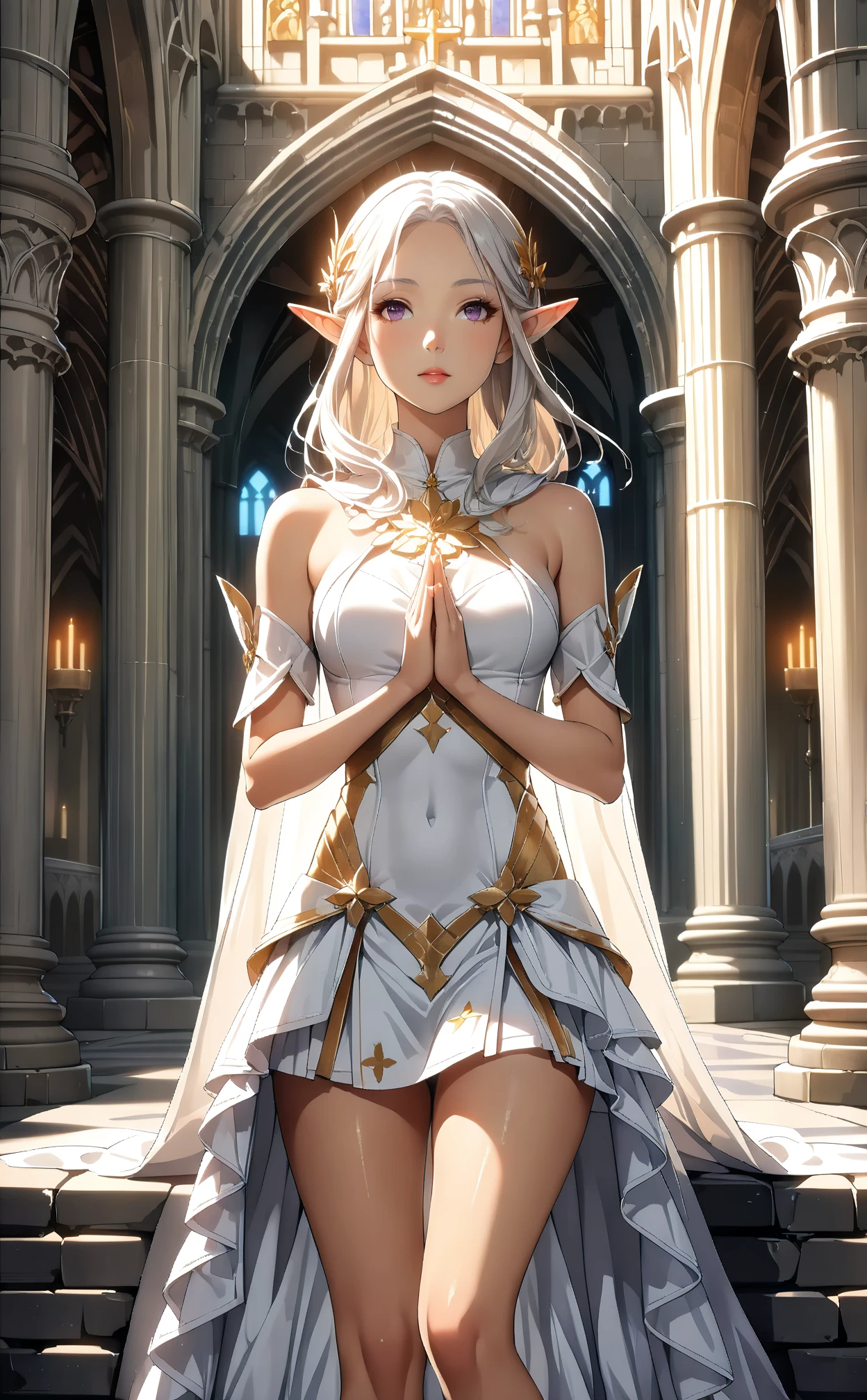 (High Detail:1.2) Anime Girl, (Best quality, Detailed), (dark, gravelly:1.3, dark:1.2), 1girl, (solo), elf, long pointed ears, long bushy hair, light gold hair, light blue eyes, freckle, white skin, sinister, intense look, background dark, Volumetric light, hyper realistic, super detailed, Dynamic pose, (medium breasts), white dress, gold staff, church.