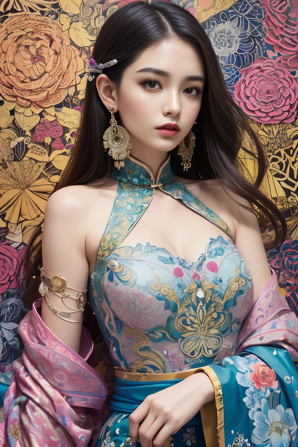 (masterpiece, top quality, best quality, official art, beautiful and aesthetic:1.2), (1girl:1.3), smiling, extremely detailed,(fractal art:1.1),(colorful:1.1)(flowers:1.3),highest detailed,(zentangle:1.2), full body, (abstract background:1.3), (shiny skin), (many colors:1.4), ,(earrings), (feathers:1.5),
