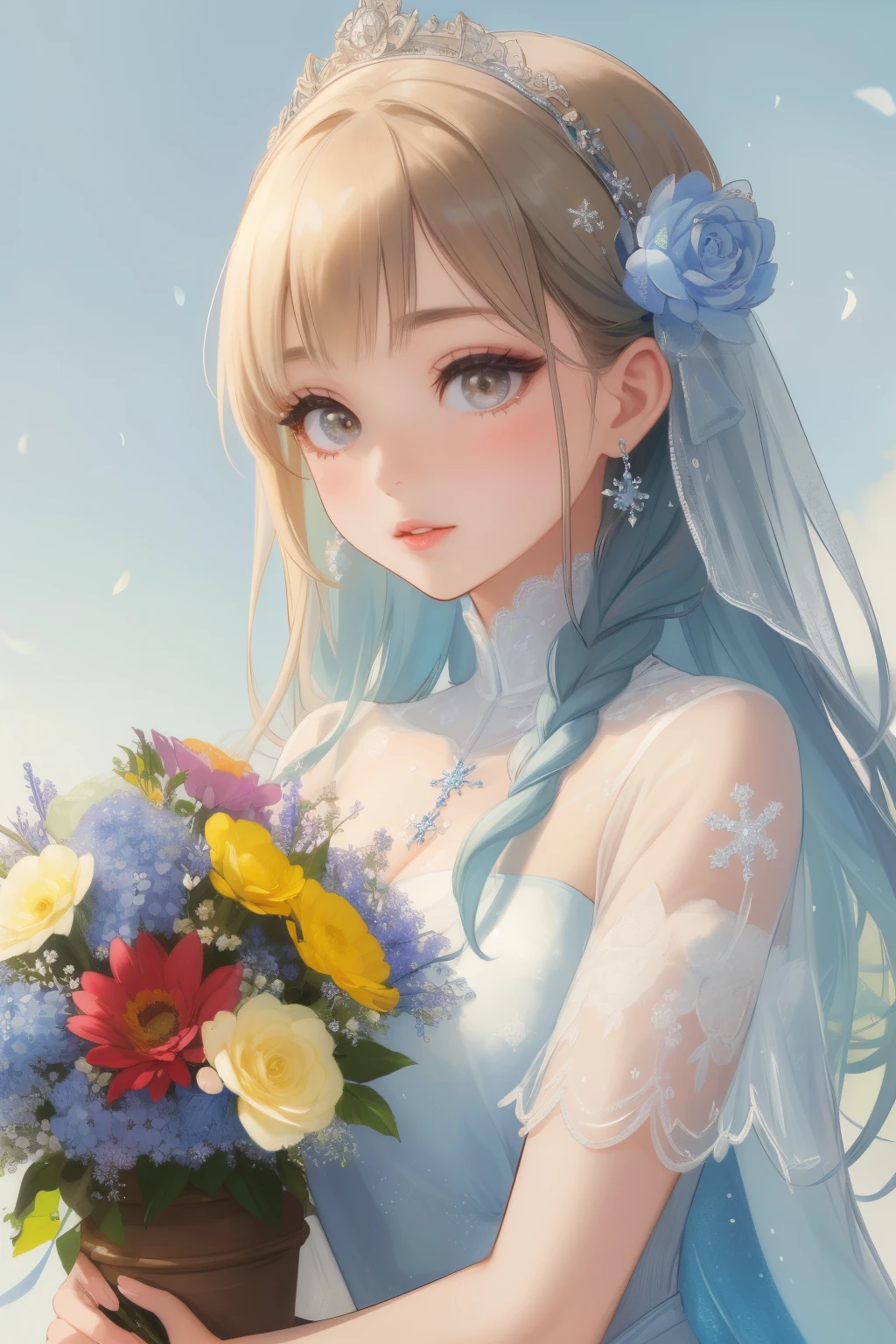 ( top quality，32K High Resolution， greatest masterpiece:1.2),  very detailed，1 person， young girl，Close-up of a woman arranging flowers in a vase, With flowers, magazine photo ， official artwork，Frozen Flower々Surrounded by， attention to detail，美しい attention to detail， beautiful lip details ， has long eyelashes， bright color，Soft and warm colors，