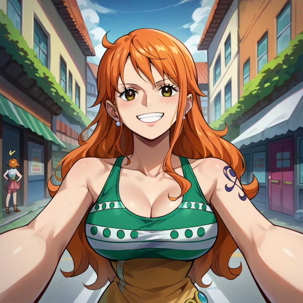 score_9, score_8_up, score_7_up, score_6_up, score_5_up, score_4_up, BREAK source_anime,POV,city,outdoor,smile,standing,nami_post, orange hair, long hair, wavy hair, side locks, brown eyes, large breasts, 