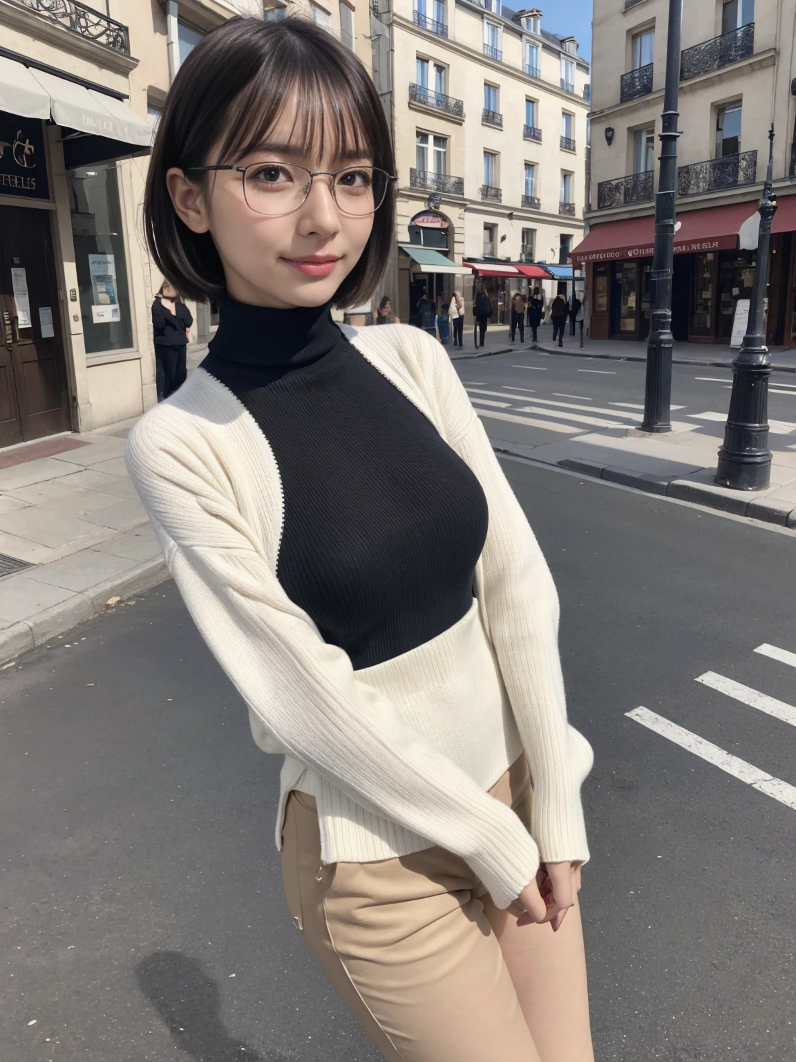 Masterpiece, Best-quality, RAW-photo, Ultra-High-Resolution, Photorealistic,
(Anatomically correct, 16-years-old, photographer's lover, She truly loves photographer, baby face, cute face, Perfect body, slim waist and busty body, Slender legs, Large breast, Realistic skin),
((teat, Wear White long-sleeved high neck knit, short pants, sneakers:1.3)),
(maiko, Round face, Black hair, Moist eyes, Shining eyes, Short bob cut, Bangs, Down-slating eyebrows, one little earring, Light blush),
(See photographer, turn the body forward),
(goddess smile, sensual smile, expression of sexual excitement),
(city boulevard),
Natural lighting, full length