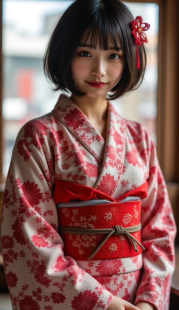 22 year old girl、 ((kimono))((Kyoto cityscape ))((knit coordination ))( sexy)
 best quality,  anatomically correct,  high detail,  very detailed,  textured skin ,  smiles, (( sexy ass))((Short Hair))(( black hair))