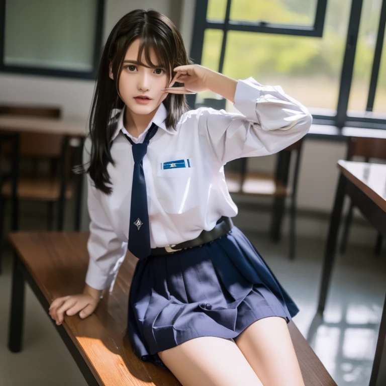 realistic, soft lighting, beautiful  old girl, short black hair. pale skin. very mysterious. White school shirt with one chest pocket, very thin material ((The shirt is very transparent) ((the color of the nipples is visible from the outside)), long sleeves. white straight knee-length skirt, black school belt, no trousers, long thighs and legs, long white socks, black loafers school shoes.
sitting on a bench in the classroom hallway, opening her thighs showing her vagina, exhausted, orgasm, climax orgasm, miserable, sweat pouring down her face, all over her body,