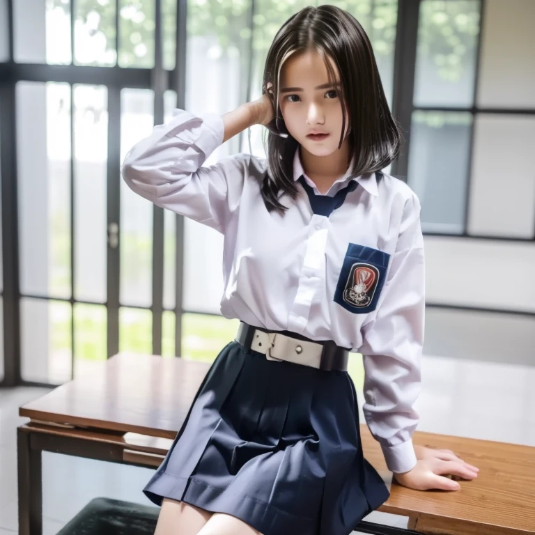 realistic, soft lighting, beautiful  old girl, short black hair. pale skin. very mysterious. White school shirt with one chest pocket, very thin material ((The shirt is very transparent) ((the color of the nipples is visible from the outside)), long sleeves. white straight knee-length skirt, black school belt, no trousers, long thighs and legs, long white socks, black loafers school shoes.
sitting on a bench in the classroom hallway, opening her thighs showing her vagina, exhausted, orgasm, climax orgasm, miserable, sweat pouring down her face, all over her body,