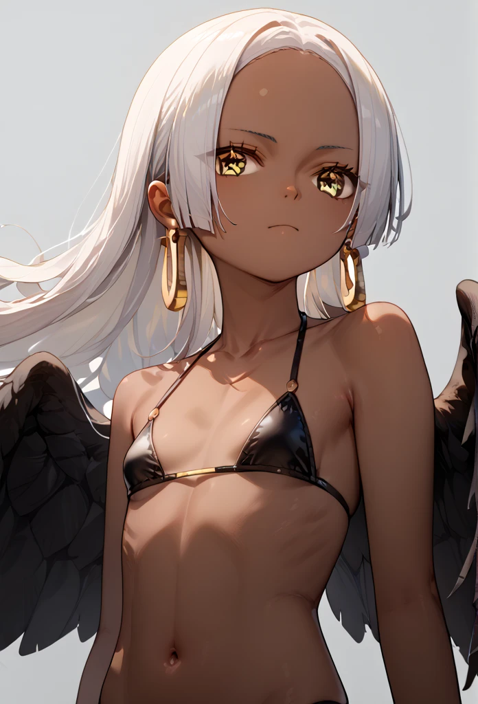 score_9, score_8_up, score_7_up, score_6_up, score_5_up, score_4_up, source_anime, aasnake, long hair, white hair, dark skin, earrings, yellow eyes, symbol-shaped pupils, black wings, small breasts. bikini 