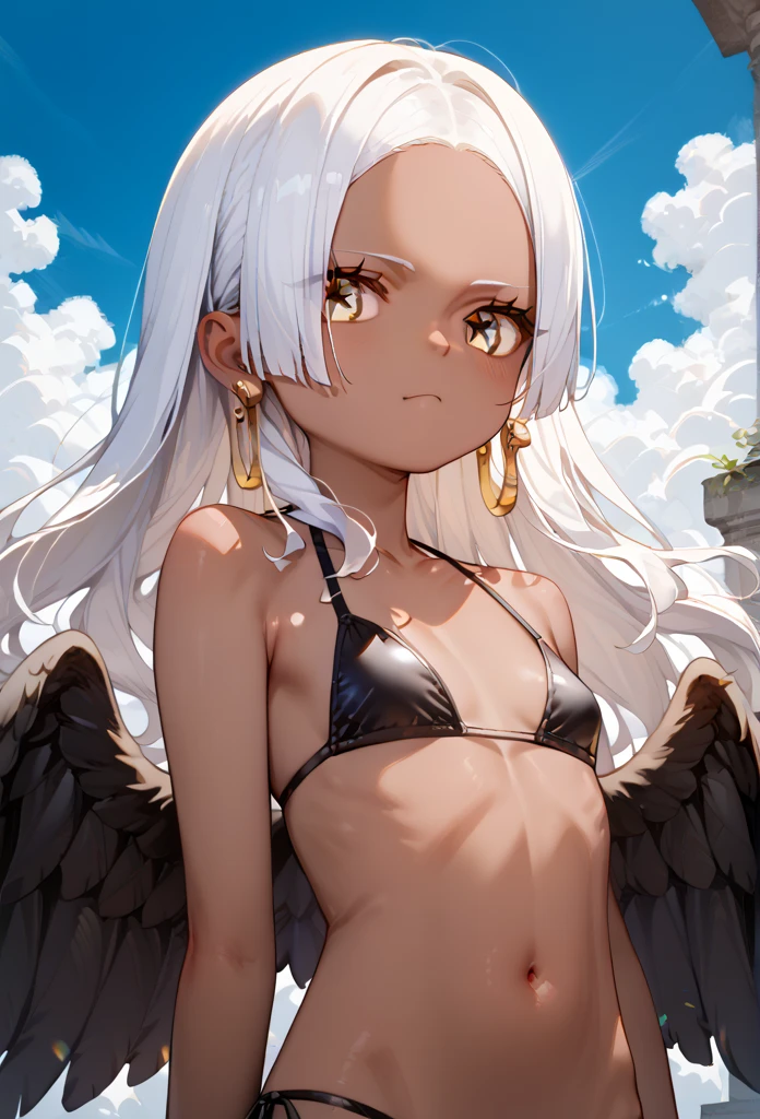 score_9, score_8_up, score_7_up, score_6_up, score_5_up, score_4_up, source_anime, aasnake, long hair, white hair, dark skin, earrings, yellow eyes, symbol-shaped pupils, black wings, small breasts. bikini 