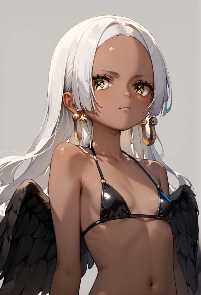 score_9, score_8_up, score_7_up, score_6_up, score_5_up, score_4_up, source_anime, aasnake, long hair, white hair, dark skin, earrings, yellow eyes, symbol-shaped pupils, black wings, small breasts. bikini 