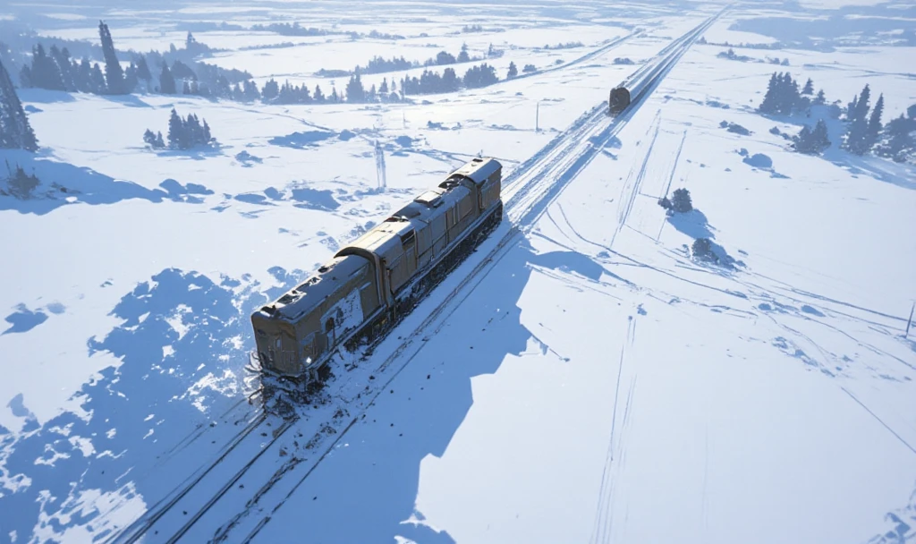 Bird's eye view. locomotive running from the upper right to the lower left in a silver world, all covered with snow. snow ruts only behind the locomotive. huge snow splash in front of locomotive. realistic. photorealistic.Snow shines reflecting the light. great focus on snow ruts.