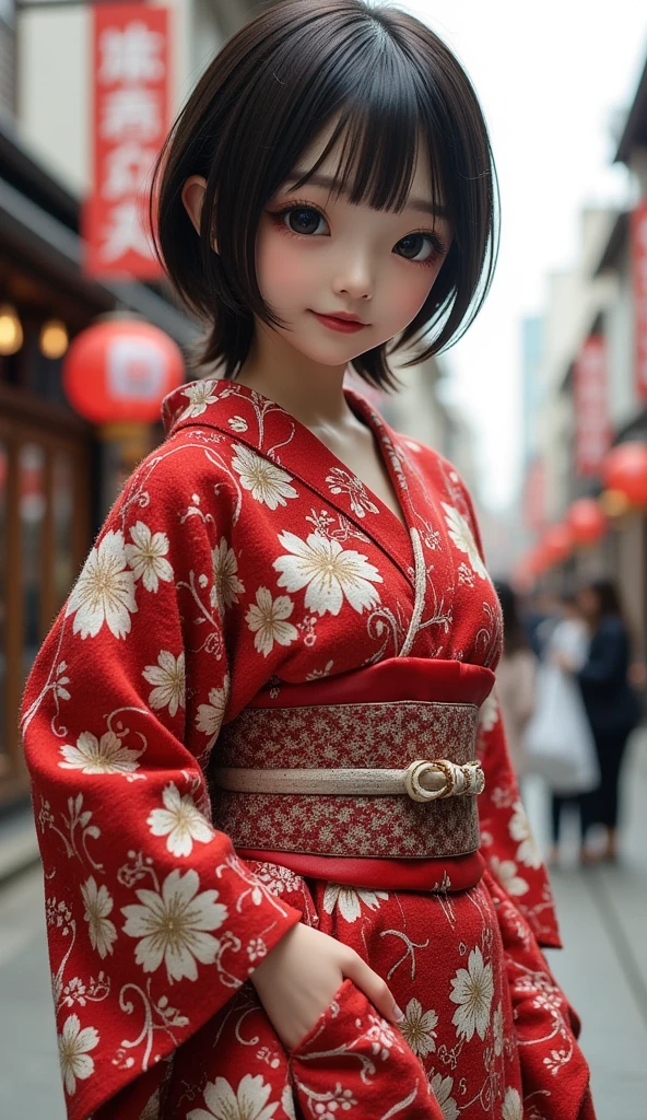 22 year old girl、 ((kimono))((Kyoto cityscape ))((knit coordination ))( sexy)(きれいなお尻)
 best quality,  anatomically correct,  high detail,  very detailed,  textured skin ,  smiles, (( sexy ass))((Short Hair))(( black hair))後ろ姿, 