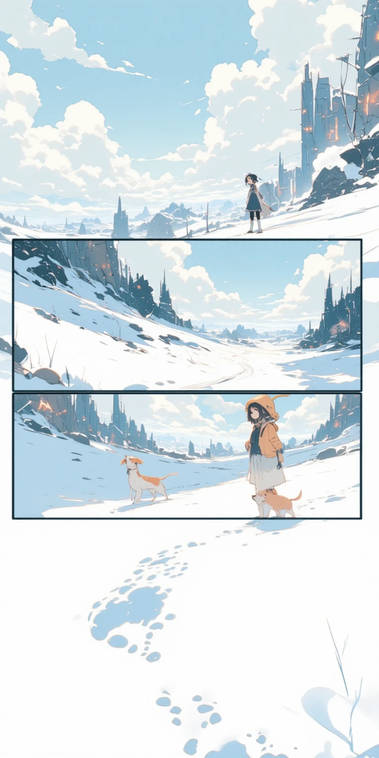 2comic panels.  1girl and 1dog at silver world with no footprints. girl walked on the snow and surprised to see own footprints