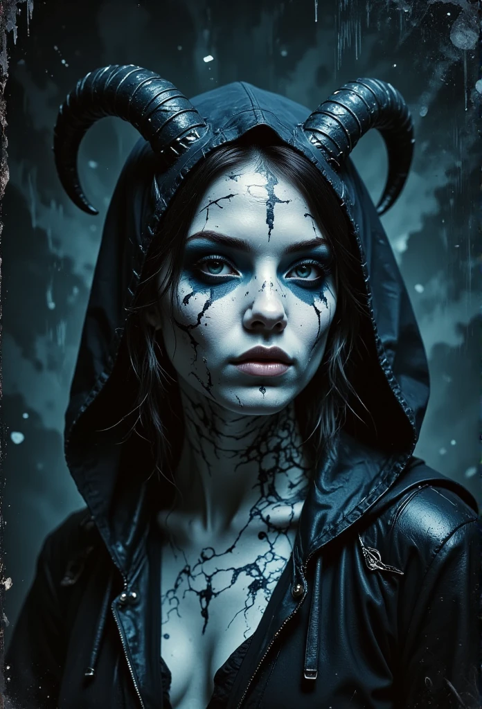 (masterpiece) (oil painting) (dark fantasy) A hauntingly beautiful illustration of a female succubus with pale, cracked skin and piercing dark eyes. She is cloaked in a dark hooded cape, her curved horns adding an ominous touch to her contemplative and mysterious expression. The painting features deep shadows and dramatic chiaroscuro lighting, creating a striking contrast between light and darkness. The cold color palette emphasizes the detailed texture of her cracked skin and visible black veins, lending a hyperrealistic and eerie quality to the artwork. Inspired by the style of Greg Rutkowski, the atmosphere is both mesmerizing and unsettling.