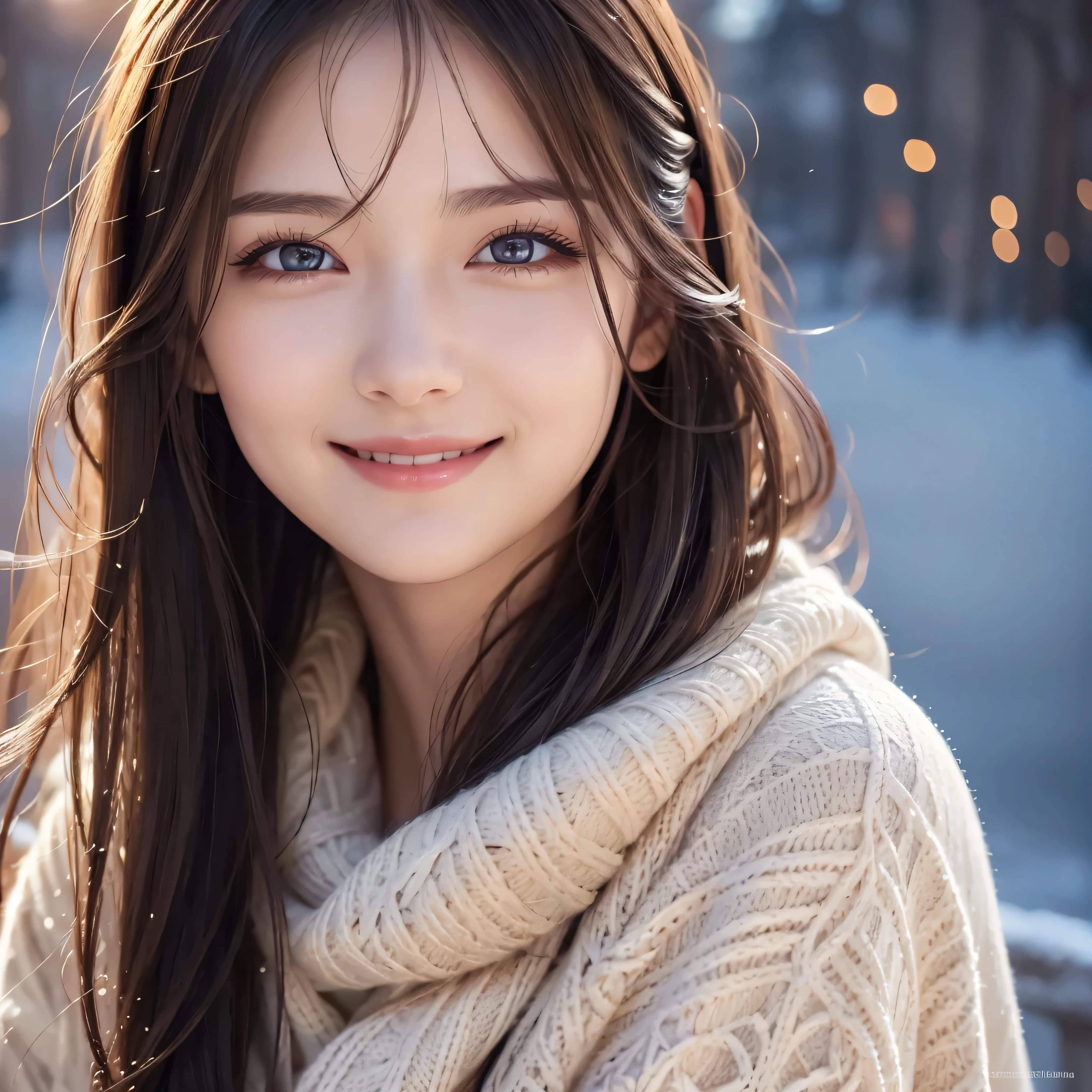 semi-long hair、 Up Hair、Winter clothes、smile、 beautiful detailed eyes、 Beautiful Detailed Lips、 very detailed な目と顔、 long eyelashes、 portrait、 very detailed 、 photorealistic、 Hyperrealistic 、 super detailed、8k、 digital painting、 Warm Lights 、Soft lighting、 bright color、Beautiful background、 Magical Atmosphere