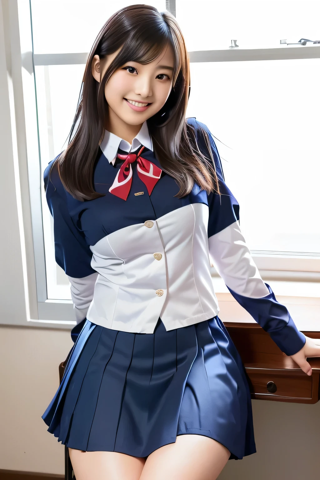 Asian woman in uniform sitting at desk, Female student posing,  Cute High School Girl ,  Japanese High School Girl Uniforms,  Young Cute Gravure Idol, wearing  Japanese school uniform ,  Japanese school uniform ,   young gravure idol ,  Young Sensual Gravure Idol , Wearing a skirt and knee-length socks,  don't mess with smile , realistic   young gravure idol ,  Japanese model