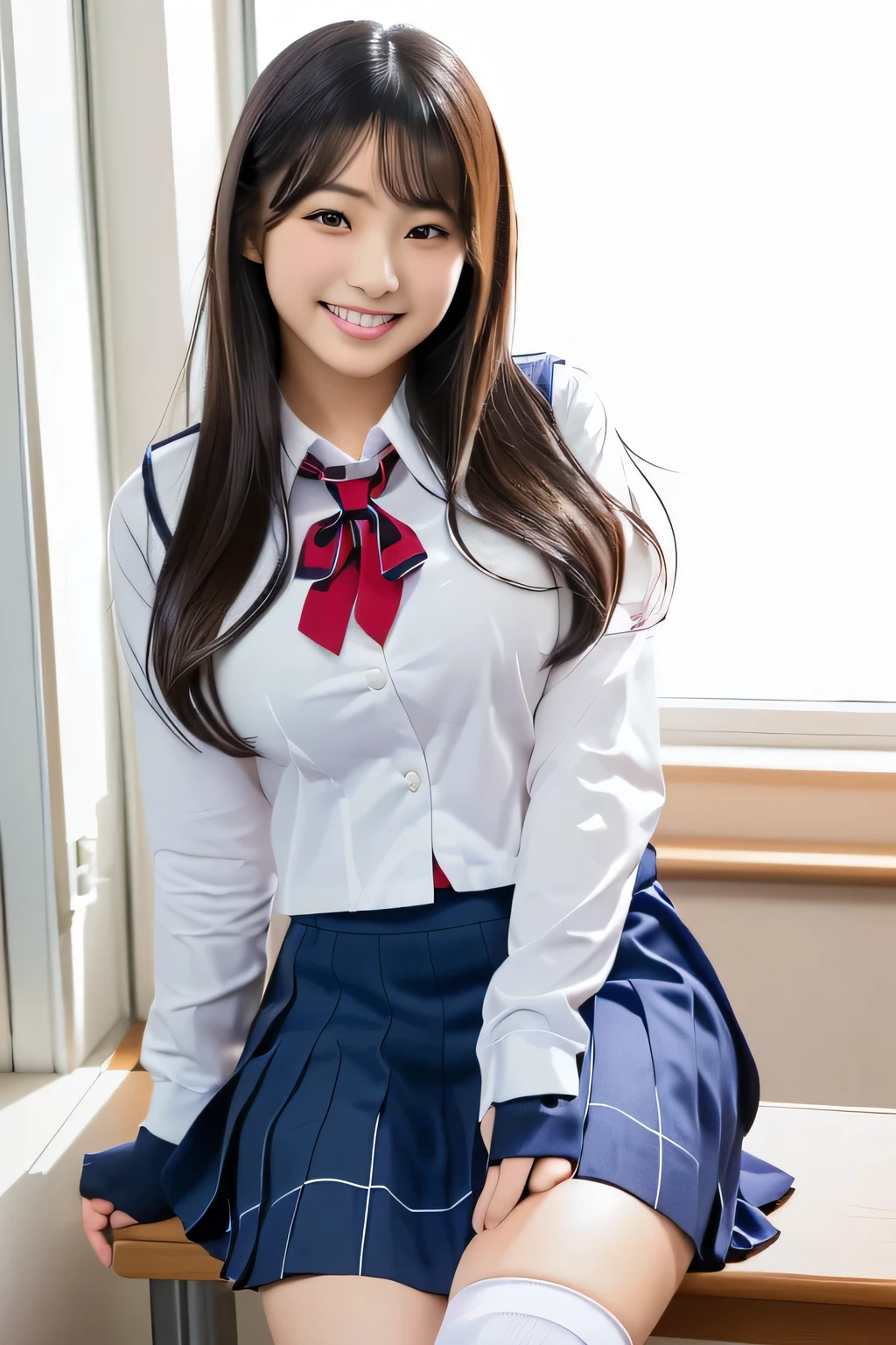 Asian woman in uniform sitting at desk, Female student posing,  Cute High School Girl ,  Japanese High School Girl Uniforms,  Young Cute Gravure Idol, wearing  Japanese school uniform ,  Japanese school uniform ,   young gravure idol ,  Young Sensual Gravure Idol , Wearing a skirt and knee-length socks,  don't mess with smile , realistic   young gravure idol ,  Japanese model