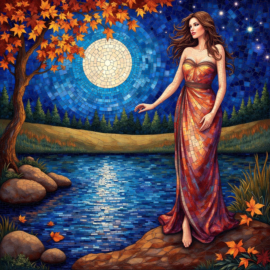 ArsMJStyle, Mosaic, tree, moon, sky, flower, solo, star (sky), reflection,  scenery, busty girl, outdoors, starry sky, leaf, full moon, night, brown hair, water, autumn leaves, autumn