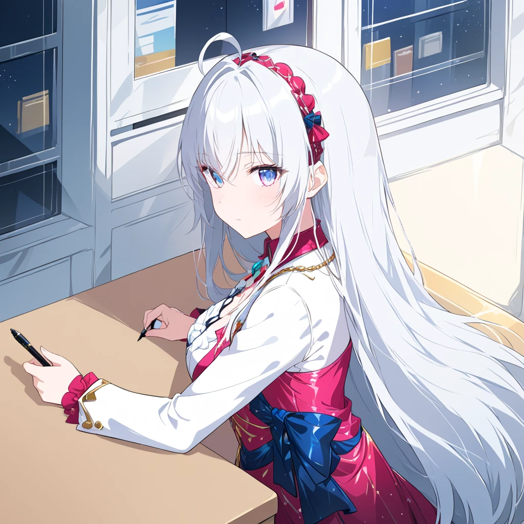 score_9, score_8_up, score_7_up, BREAK source_anime, (masterpiece), (best quality), 1girl, long hair, white hair, ahoge, dress, thighhighs, closeup upper body, sitting on chair, cafe, notebook on table, grabbing a pen, (from above:0.6), (from side:0.6), (ultra detailed), shine, looking at viewer, no emotion, bicolored eyes