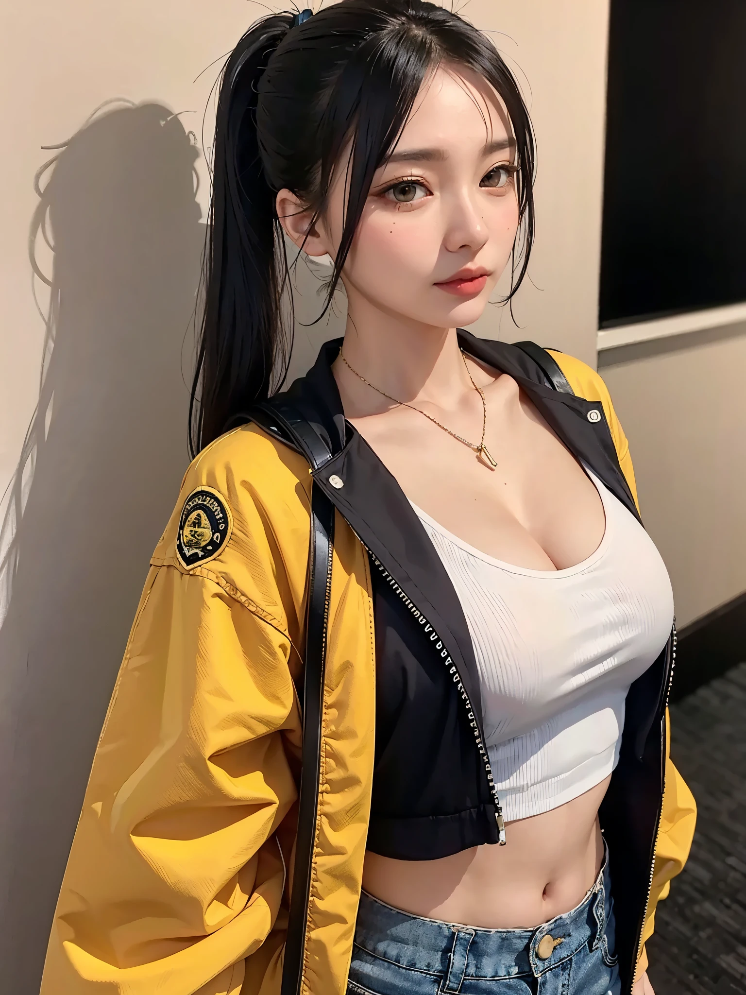  realistic , 1. Female,  top quality, 12K,  high definition ,  long hair,  Big, Round Breasts ,  clevis,  ponytail,  Necklaces , gem, Shorts,  short jacket,  slim hips , Hair ties,  yellow eyes,  black hair ,  super detailed, Eye details, Hair Details, person details, Mouth details,  Face Details , Chest Details, Clothing Details, Hair Details, Pants Details, Hand Detail, whole body