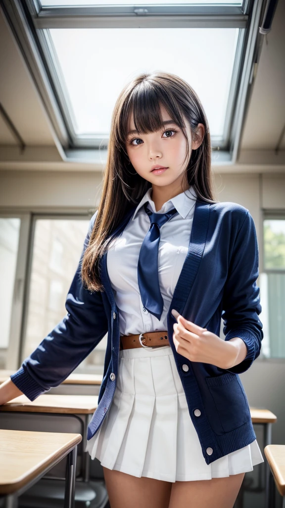 1 girl、A beautiful black-haired girl with braids staring at me.、Just smile a little、Idol-level cuteness、baby face、Lift up your skirt yourself、panty shot、thin and long、small, Breasts in good shape、Healthy thighs、Navy blue blazer、White高领内衣、Navy blue mini skirt、White、In the library、knee high、Cowboy shooting、anatomically correct、precise fingers、Precise Linbuster Tablets、Accurately depicting faces、Photographic live-action、