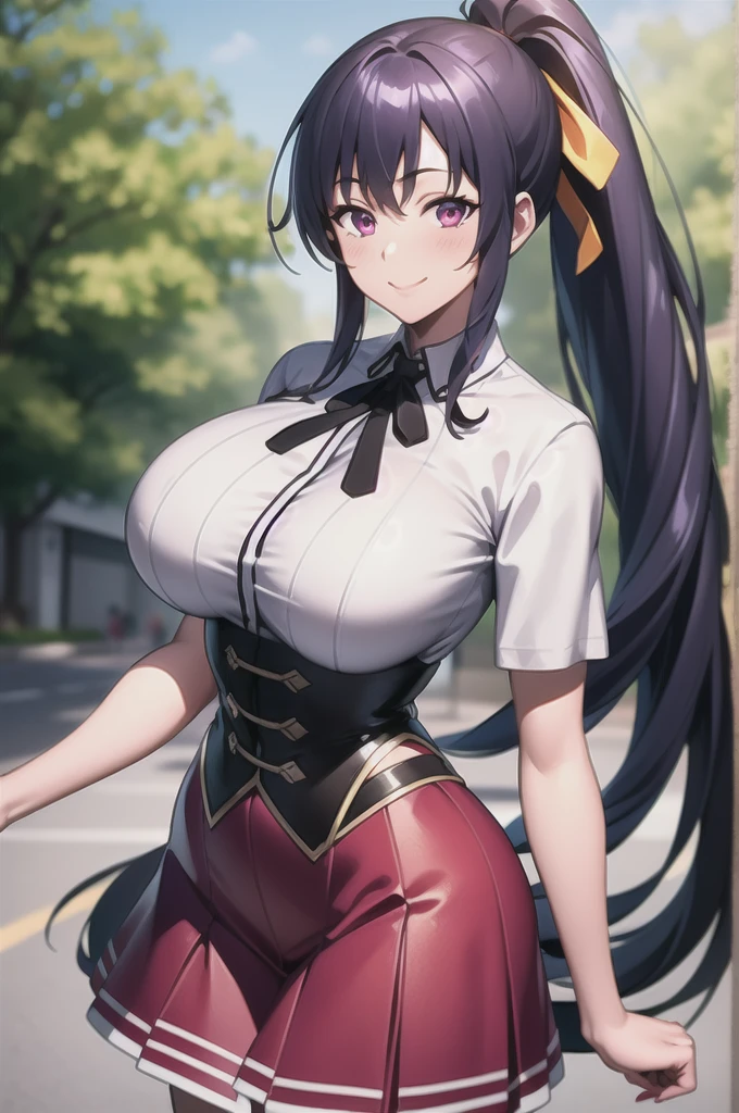 best quality, masterpiece, 1girl, (solo:1.1), raytracing, ultra detailed,detailed face, 8k wallpaper, wide hips, smile, HimejimaAkenoNDV, 1girl, black hair, large breasts, very long hair, purple eyes, red skirt, school uniform, shirt, corset, ponytail, hair ribbon, ribbon, outdoor, 