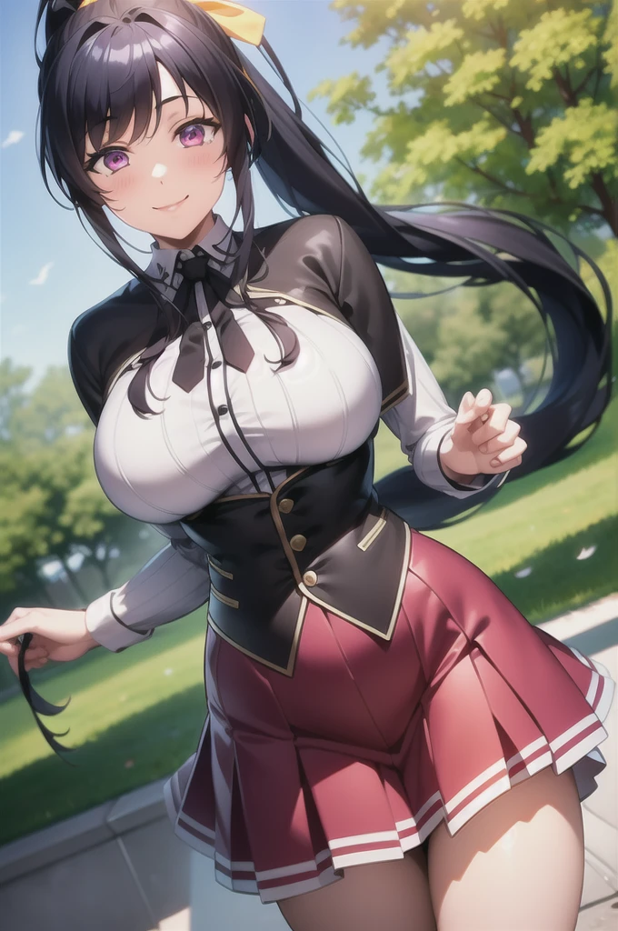 best quality, masterpiece, 1girl, (solo:1.1), raytracing, ultra detailed,detailed face, 8k wallpaper, wide hips, smile, HimejimaAkenoNDV, 1girl, black hair, large breasts, very long hair, purple eyes, red skirt, school uniform, shirt, corset, ponytail, hair ribbon, ribbon, outdoor, 