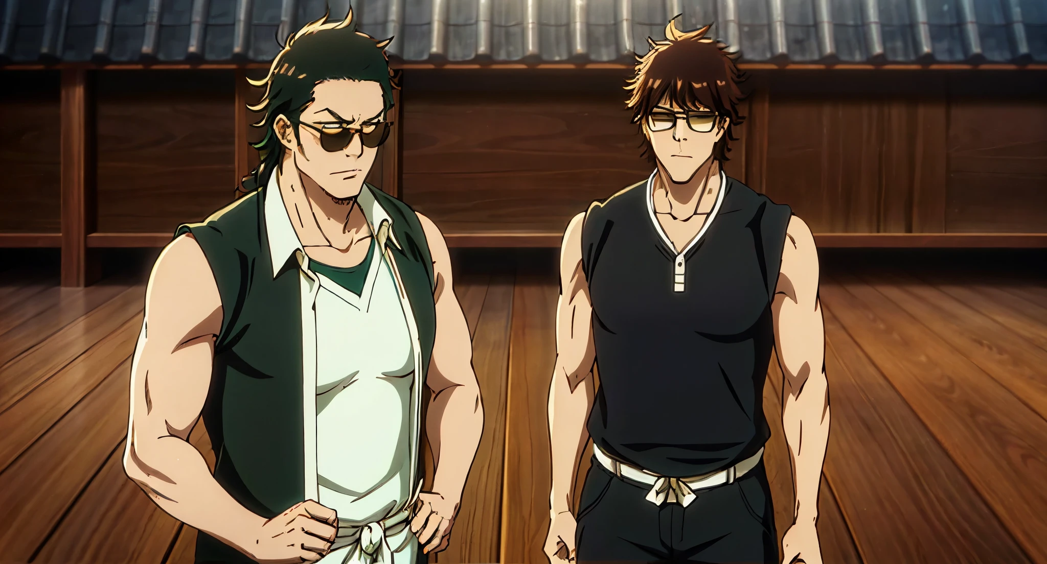 Love is a tall Man with brown eyes and a thick black spiked afro which adds further to his above average height. Love sports a green jogging suit and wears mirrored sunglasses at all times. When he was a captain, 110 years ago, his hair was in a classic, rounded afro style with long sideburns. He wore a standard Shinigami uniform with a sleeveless captain's haori and a pair of dark-lensed sunglasses.