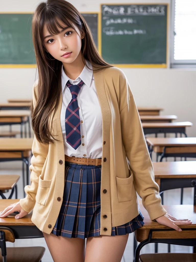 (Highest quality,masterpiece:1.3,Ultra-high resolution),(Very detailed,Caustics,8K),(Realistic:1.4,RAW shooting),French girl in high school uniform,smile,18-year-old,french hair color、Long Haircut,Looking into the camera,School classroom,I&#39;m sitting on a chair and studying、Waist up shot,front,Face Focus,Face close-up,(Warm Light),Professional Writing