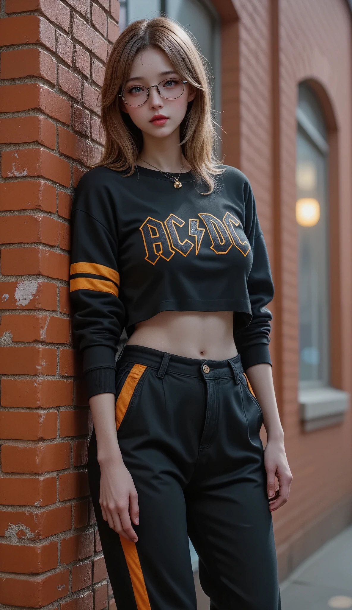 una mujer con una  bubble gum  en la boca apoyada contra una pared de ladrillos,  wears glasses almost at the end of her nose ,  bubble gum  , Light brown hair ,  she is leaning with her shoulder on the brick wall , AC sweatshirt /DC ,  gold necklace with a dolphin as a figure ,  wide black hip hop pants with orange stripe  ,A photograph of Drew Tucker , Em Tendência No Pexels , Painted,  cute casual clothes for the street ,  crop top, with a crop top,  She is wearing a crop top, woman in street clothes , pretty woman, jeans and t-shirt, 9 0 s vibe,  wearing short tops , She is wearing street clothes