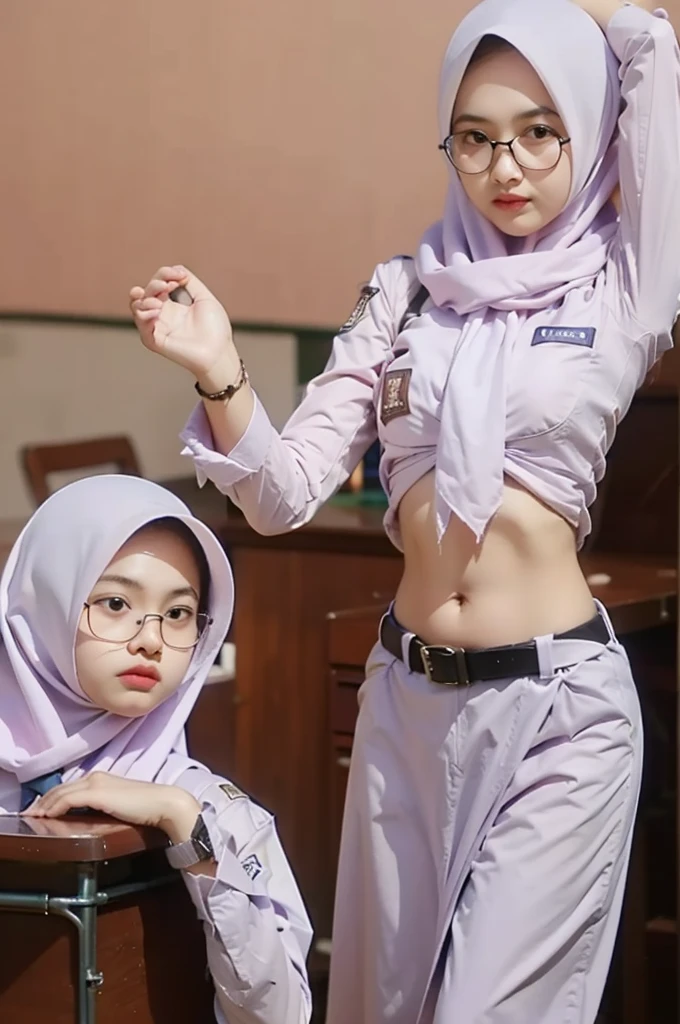 Gen Z girl wearing hijab ,thin face ,glasses ,long sleeve shirt ,open navel ,low waist buckle belt ,strict ,flat chest ,tummy deflates (thin),very skinny ,slim ,hands on hips ,sexy pose ,Realistis, 8k resolusion, best quality