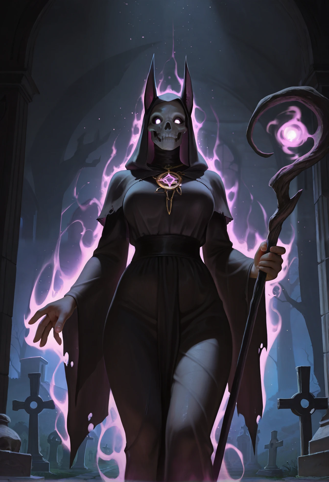 A woman with dark skin and long, pointed black nails. She wears a horse skull with bull horns as a mask, and a purple cape with gray and black adornments. The cape is like a cloak, covering the back and the right and left sides of the body. He also wears a dark gray cloth skirt with 6 purple dots, covering his entire hip. His torso is exposed, revealing a muscular body. Her chest is covered in a dark gray cloth with a magical rune printed on it. She is elegantly sitting on the roots of a tree, looking at her hand. In her hand, a transparent white magical pentagram is floating.