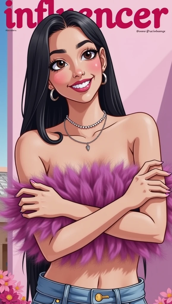 Jewish woman, black hair, black eyes, hair bust chest bearded shaggy, wears a pink low-cut dress
