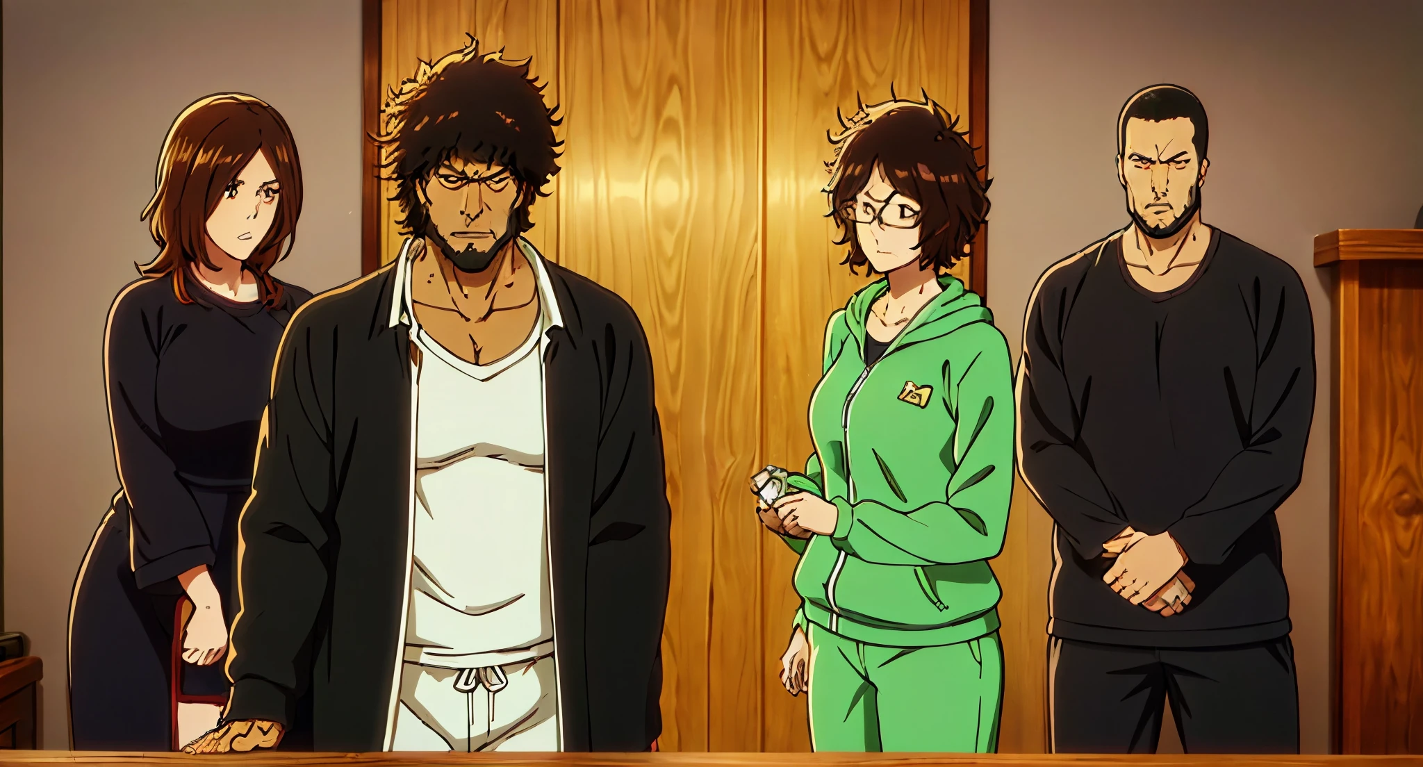 Love is a tall Man with brown eyes and a large black spiked afro which adds further to his above average height.
Love wears a green jogging suit and wears mirrored sunglasses at all times.
His hair is in a classic, rounded afro style with facial hair long sideburns.