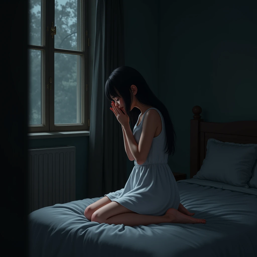 1 girl, masterpiece, best quality, best quality, Amazing, beautiful detailed eyes, finely detailed, depth of field, extremely detailed CG unity 8k wallpaper, full body,dark brown hair,dark rock shirt, covering his legs with a blanket, getting up in the morning supporting his hands on the bed arching his torso, looking towards the window, (dim light source with white rays of light from the sun), (cold temperature), (cold look at the window), straight hair, pale brown skin,