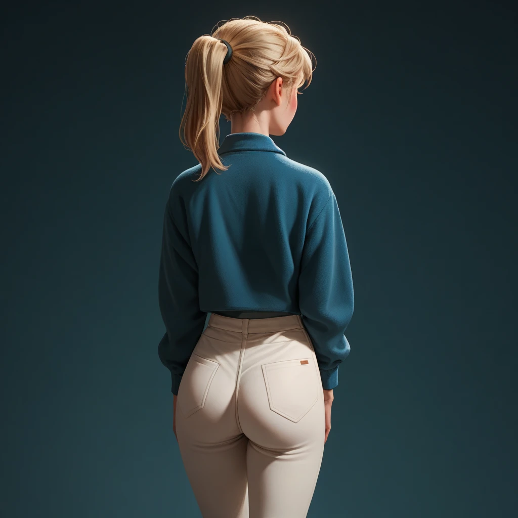 score_9, score_8_up, score_7_up, score_6_up, score_5_up, score_4_up, Ri_ley2, 1girl, blond hair, ponytail, portrait, blushing, white trousers,  legs,  standing, ass outline