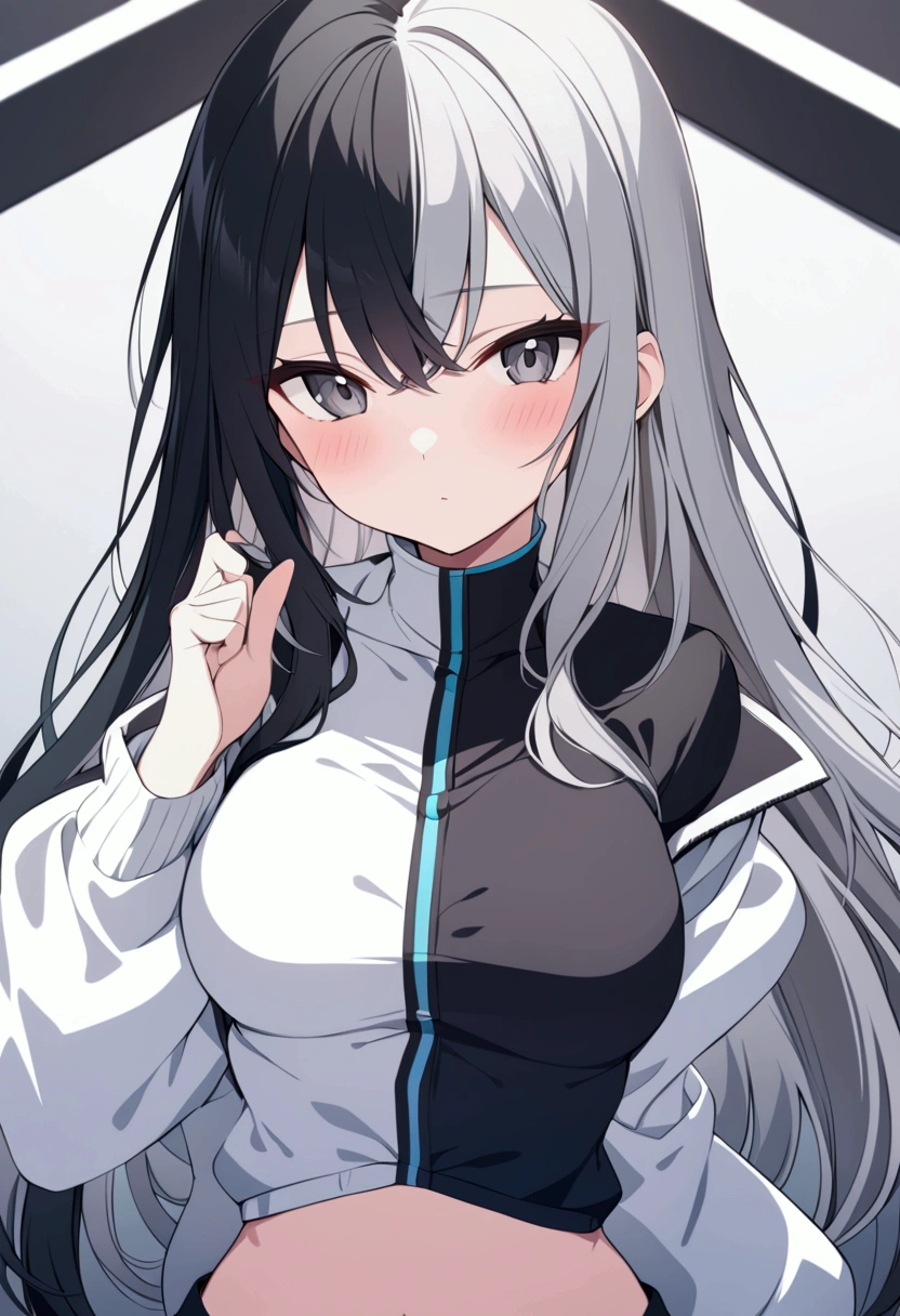 【Highest Quality, masutepiece】 [girl, Manteau, expressioness, Black eyes, front facing, Black hair, Walking, Upper body] (Gray white background:1.7), Smile with teeth, Bulging nipples